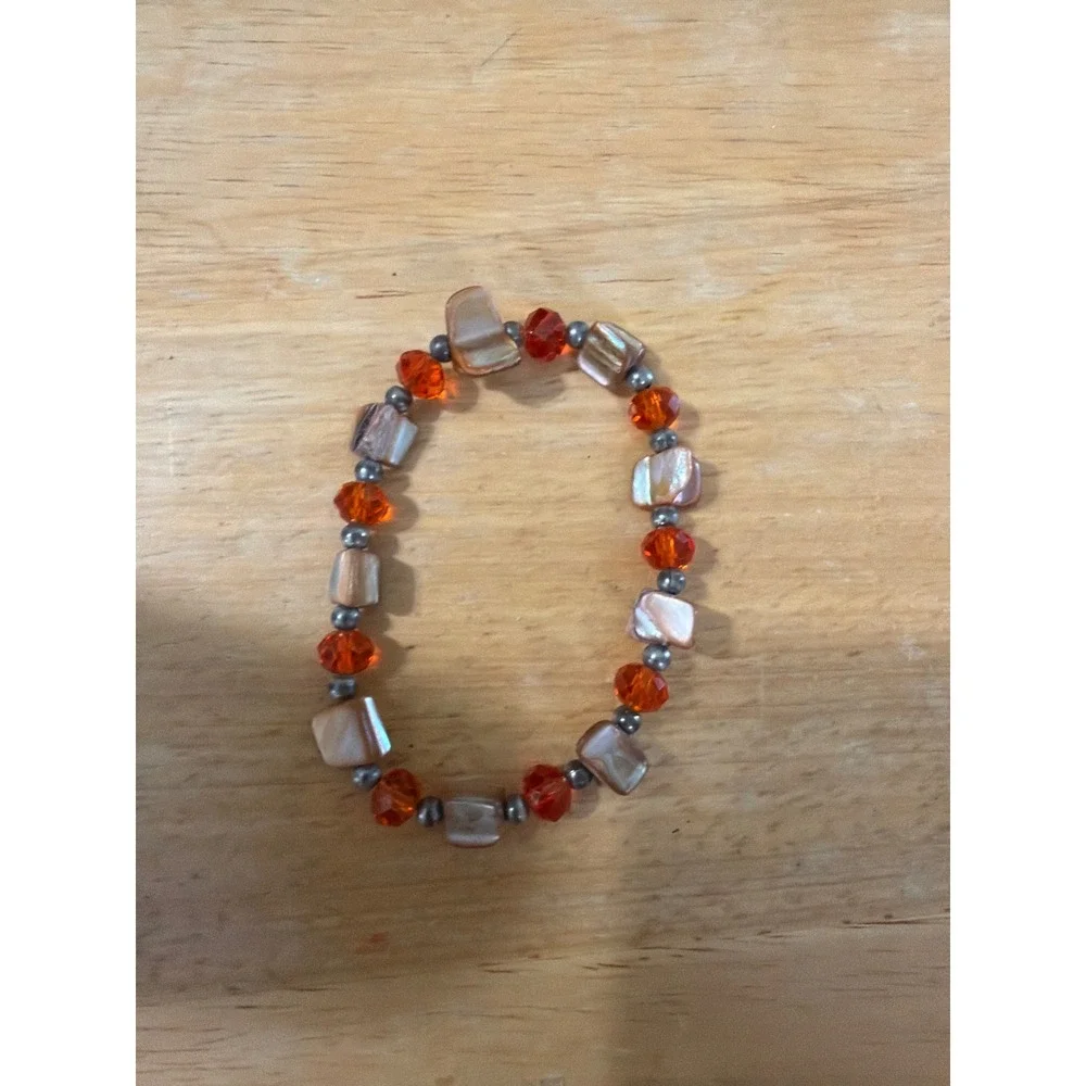 Boho Mother of‎ Pearl Amber Glass Beaded Stretch Bracelet Earthy Brown Orange